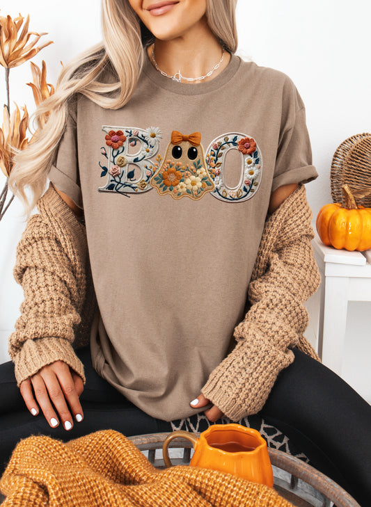Floral “BOO” Embroidered Halloween Tee – Savana Gildan