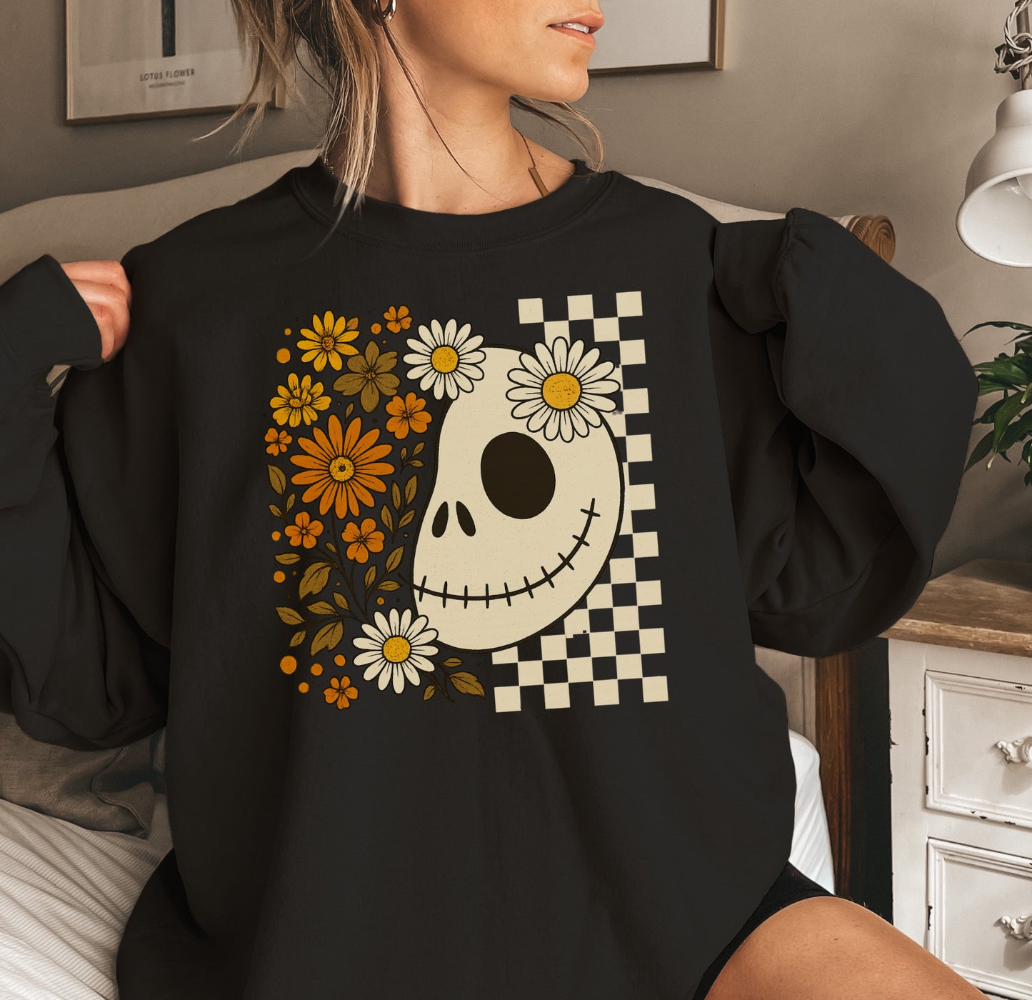 Jack Skellington Floral Checkerboard Crewneck Sweatshirt