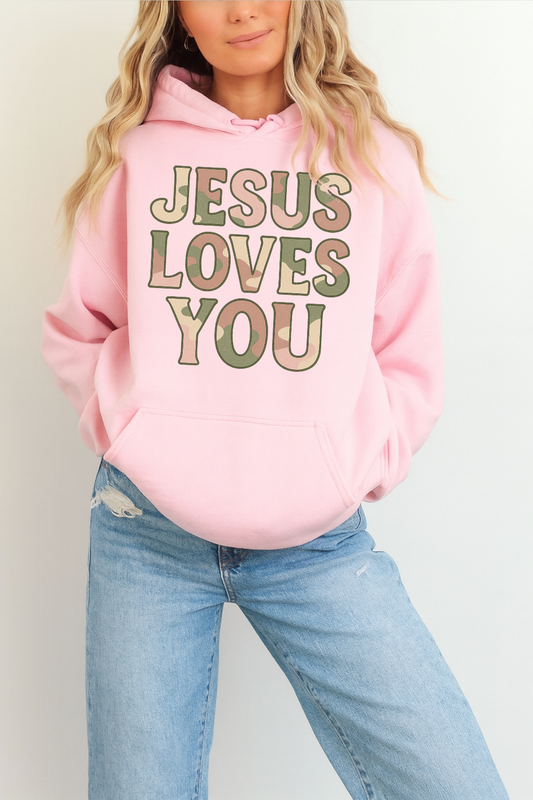 JESUS LOVES YOU Feminine Camo Hoodie – Vintage Faith + Style